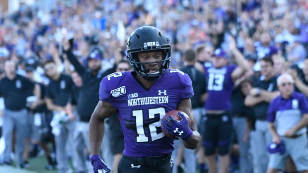 Northwestern Wildcats wide receiver JJ Jefferson (12) scores a touchdown against the UNLV Rebels during the second half at Ryan Field. David Banks-USA TODAY Sports.